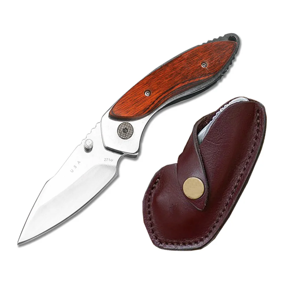 

DuoClang Rosewood Handle Folding Blade Knife Leather Scabbard Multifunctional Pocket Outdoor Tool for Camping, Climbing, Riding