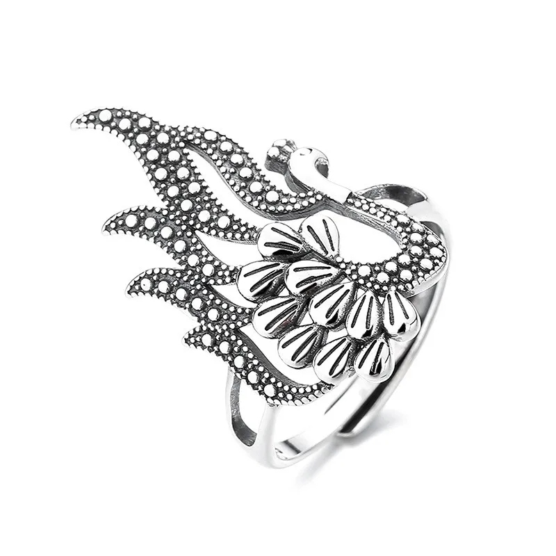 

614J ZFSILVER Silver S925 Fashion Trendy Adjustable Creative Retro Hollow Peacock Phoenix Rings For Girls Women Wedding Jewelry