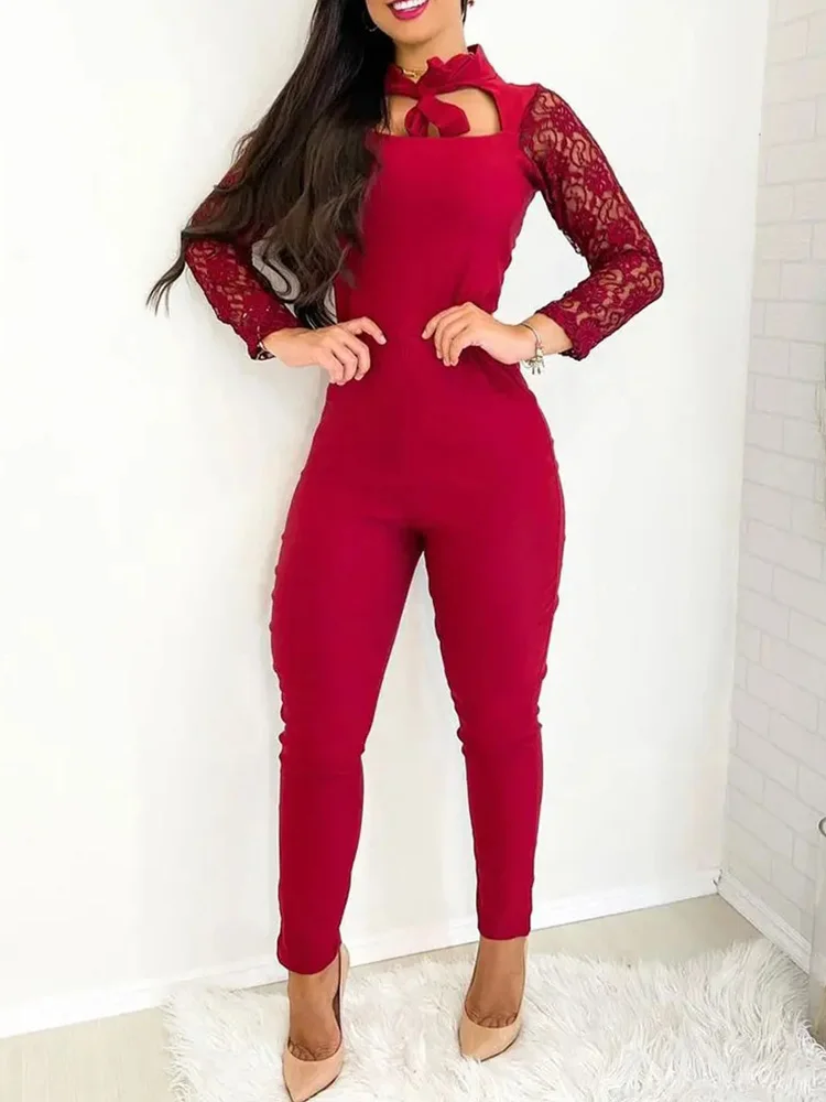 

Crochet Lace Patch Cutout Skinny Jumpsuit Women Long Sleeve Casual One Piece Overalls