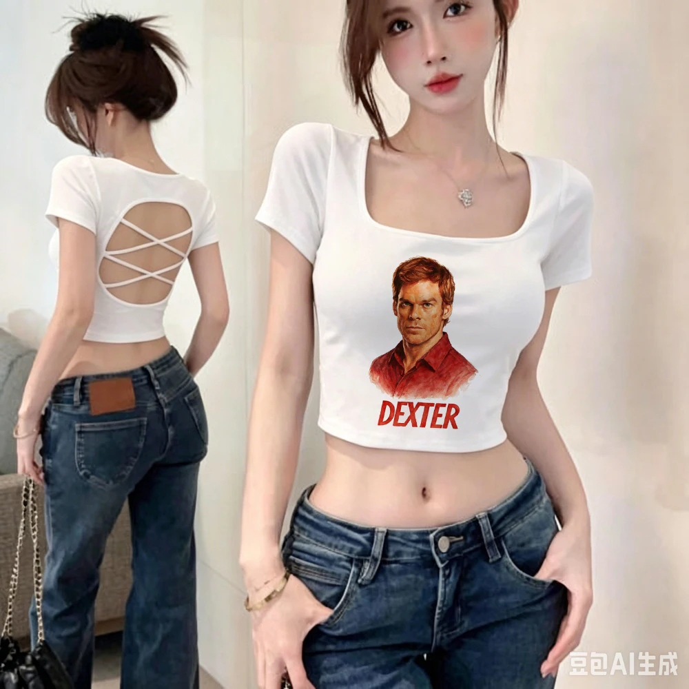 Фото Женский укороченный топ Dexter Morgan с японским винтажным принтом, забавная футболка в стиле эмо для вечеринок, корейская мода, распродажа, забавные принты №4