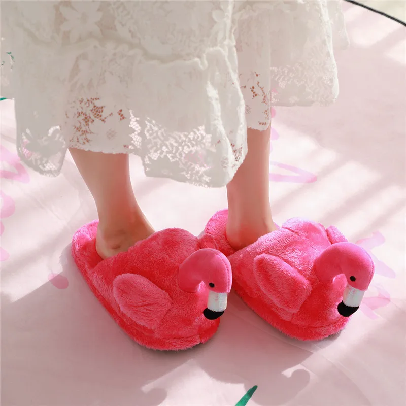 Home Slippers Winter Girl Slippers Funny Flamingo Slides Soft Warm Floor Slippers Furry Slides Cotton Shoes Halloween Cosplay