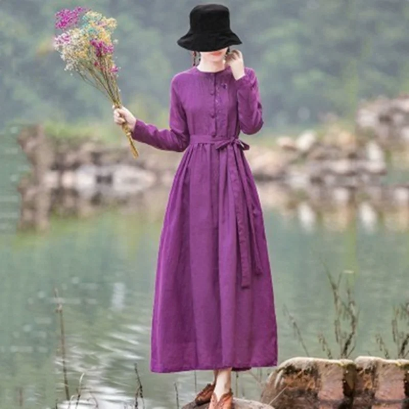 

Платье из хлопка и льна с длинным рукавом, женское весеннее платье с вышивкой, новинка 2023