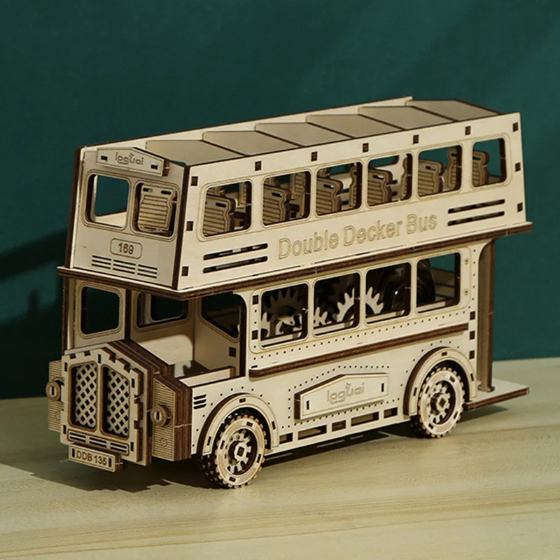 

DIY Wooden 3D Assemble Building Blocks Toys Wood Double Decker Bus Model Puzzle Game Mechanical Gears Car Toy for Adults Gift