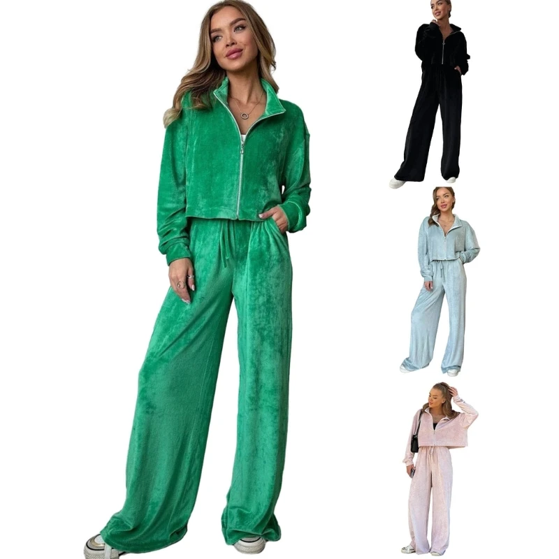 

YIYI Track Suits for Women Set 2 Piece Sweatsuits Outfits Long Sleeve Zipper Cropped and Wide Leg Pants Sets