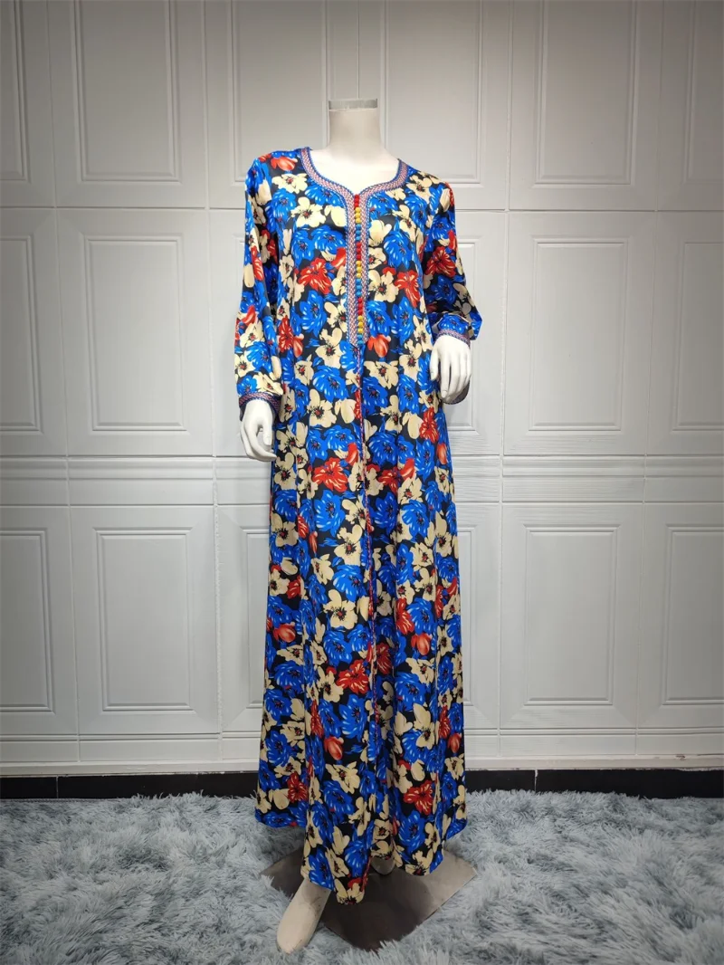 2022 Abaya New Moroccan Dress Women Kaftan Flower Print Long Sleeve Maxi Dresses Tape Trim V-Neck Casual Party Robe