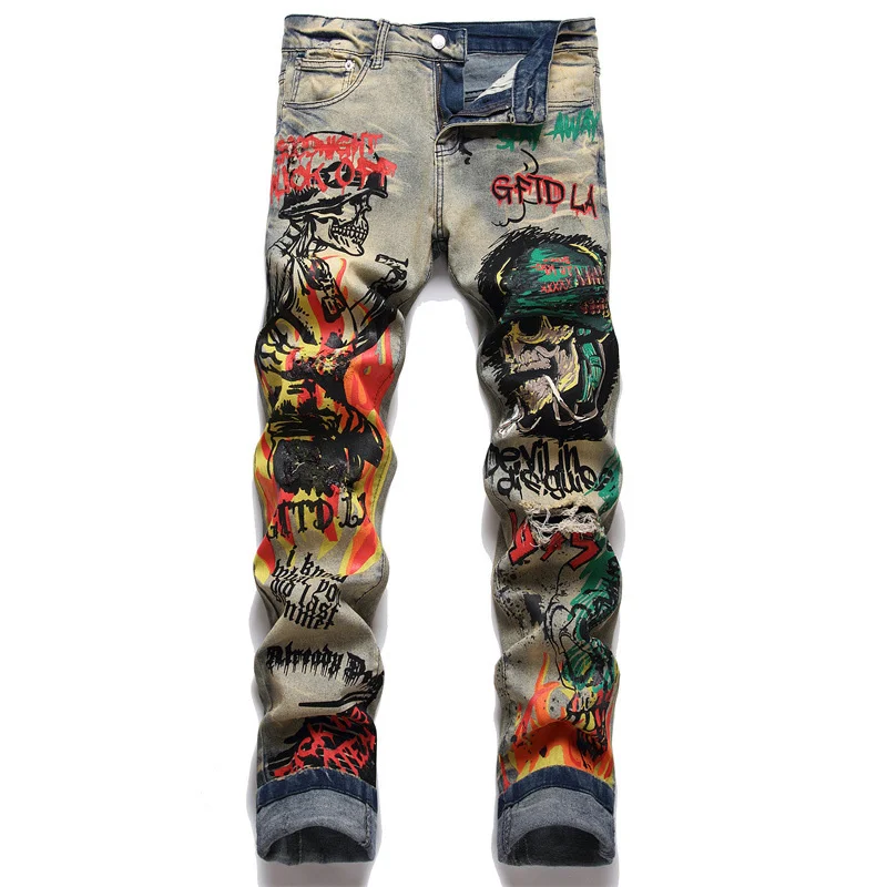 

Rock Punk High Skeleton Quality Ripped Hip Hop Denim Jeans Men Streetwear Letter Print Fashion Slim Hole Stretch Pants