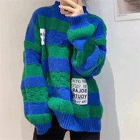black striped coarse wool vintage knitted sweater womens new loose sweater womens top in autumn and winter 2022