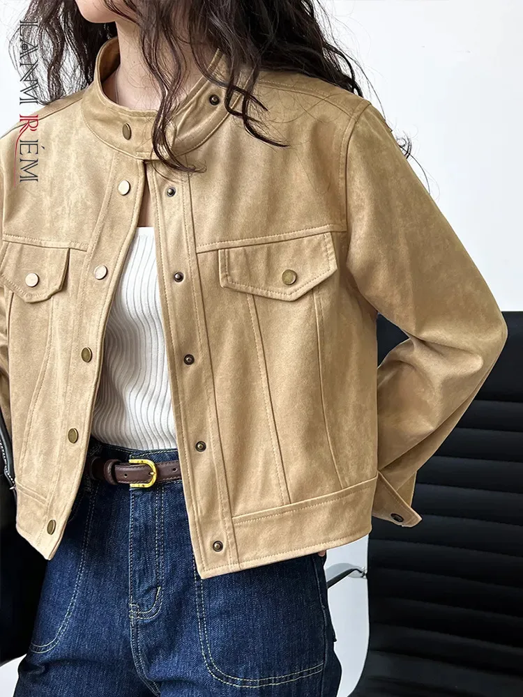 

LANMREM Retro Short Jackets Women Stand Collar Single Breasted Solid Color Slim Coat Fashion 2023 Autumn New Clothing 2AA3182