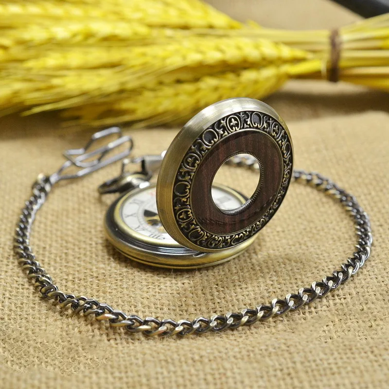 Luxury Vintage Mechanical Pocket Watch for Men Women Wood Grain Wave Roman Numeral Dial Fob Chain Pendant Clock for Collection
