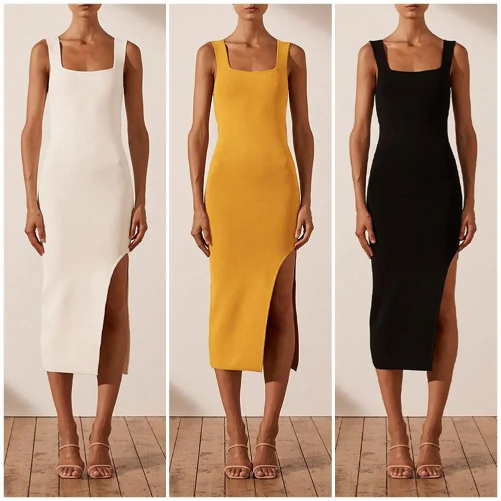 

Elegant Women's Long Dresses Lady Sheath Dress Square Neck High Split Bodycon Sexy Summer Dress for Club Casual Female Vestidos