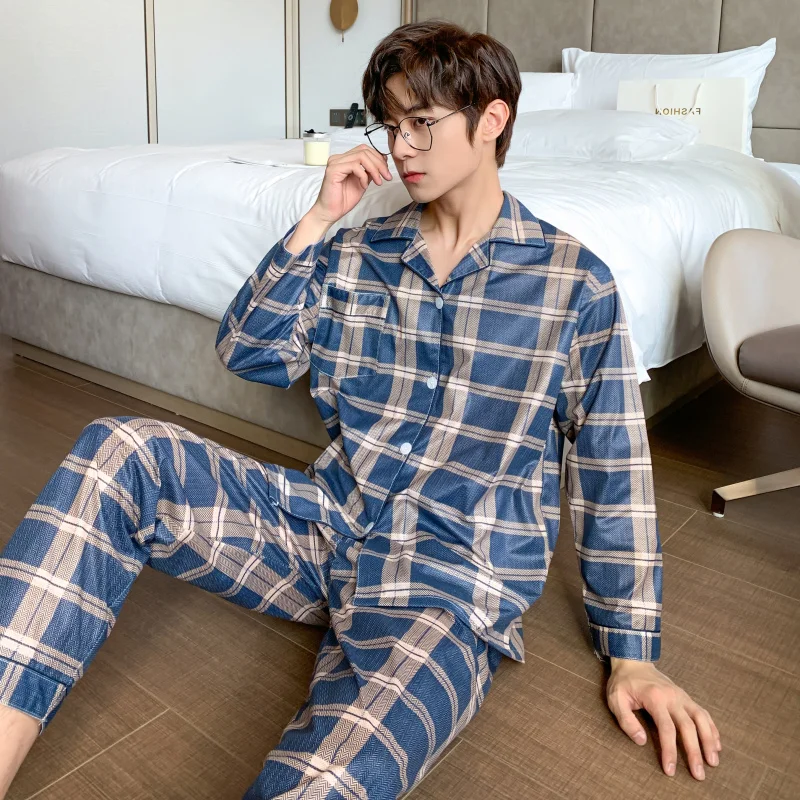 CAIYIER Striped Men Sleepwear Long Sleeve Cardigan Long Pants Nightwear Male Pyjama Autumn Winter Loounge Wear Plus Size 2XL-4XL