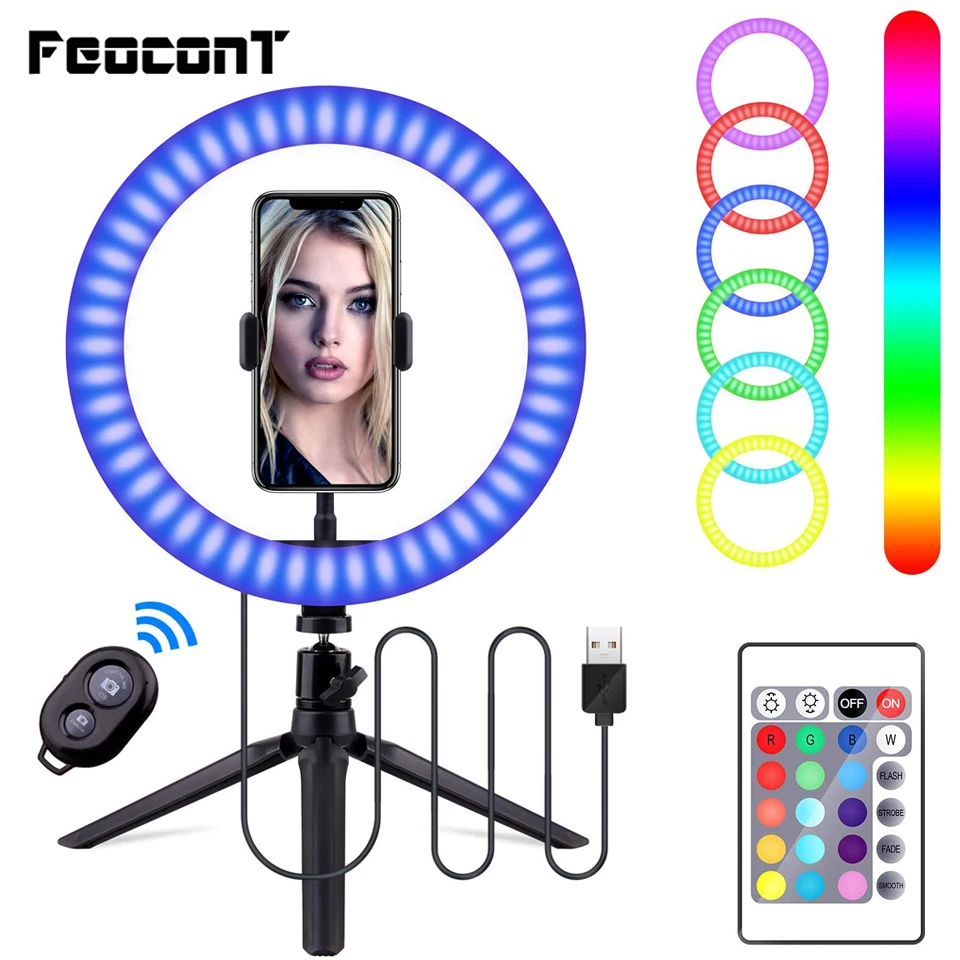 

10" RGB Selfie Ring Light with Tripod Stand Phone Holder 16 Colors LED Ring Lamp Ringlight for Live Stream/Makeup/YouTube Video
