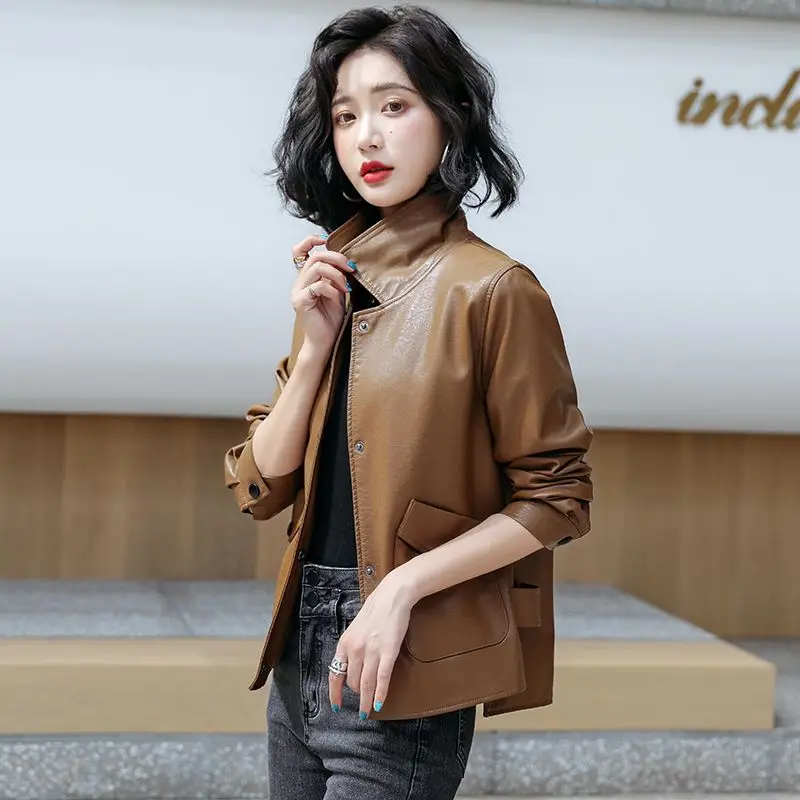 Autumn Winter Short Biker Genuine Leather Jacket Women 2022 New Fashion Solid Loose Sheepskin Coat Famale Clothing Tops Overcoat