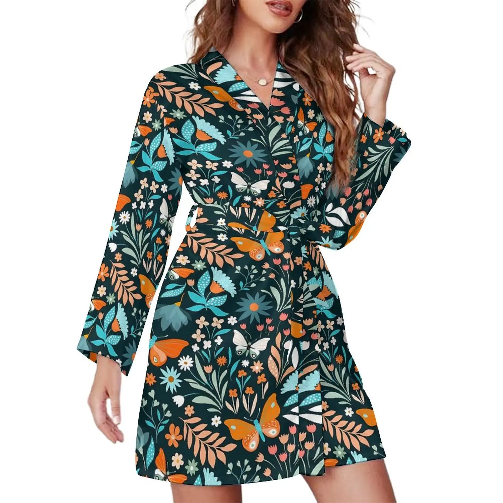 

Colorful Butterfly Pajama Robe V Neck Flowers Print Cute Dresses Womens Long Sleeve Room Sleepwear Custom Pajamas Robes