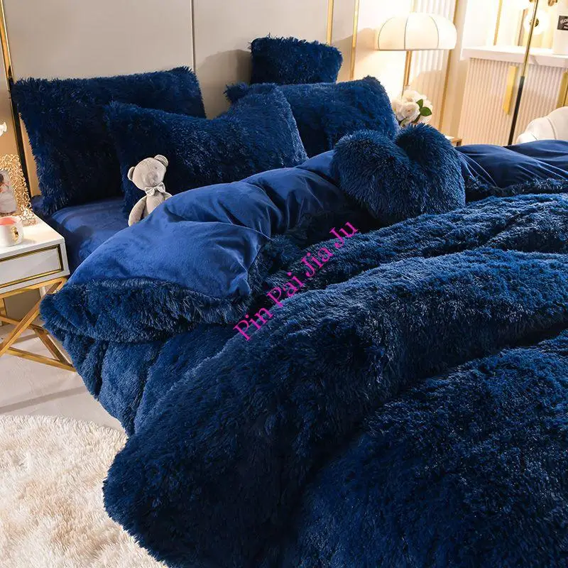 

New Winter Luxury Bedding Set King Size Warm Plush Duvet Cover Pink Romantic Princess Mink Velvet +Fluffy Flannel Quilt Cover