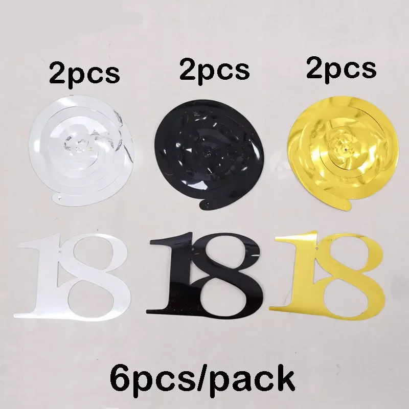 

6pcs/pack Spiral 18 21 25 30 40 50 60 70 80 90 Years Old Birthday Swirls Hanging Ornaments Black Gold Silver birthday Decor