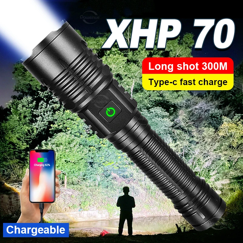 

2022 NEW High Power LED Flashlights XHP70 Rechargeable Camping Torch Powerful Waterproof Outdoor 100000 Lumen Zoom Flashlight