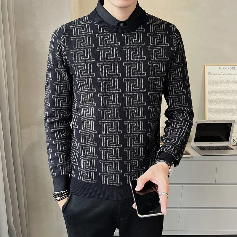 

Striped Men Knitted Sweater Fake Two-piece Lapel Casual Knittwear Pullovers Long Sleeve Slim Business Social Men Clothing S-4XL