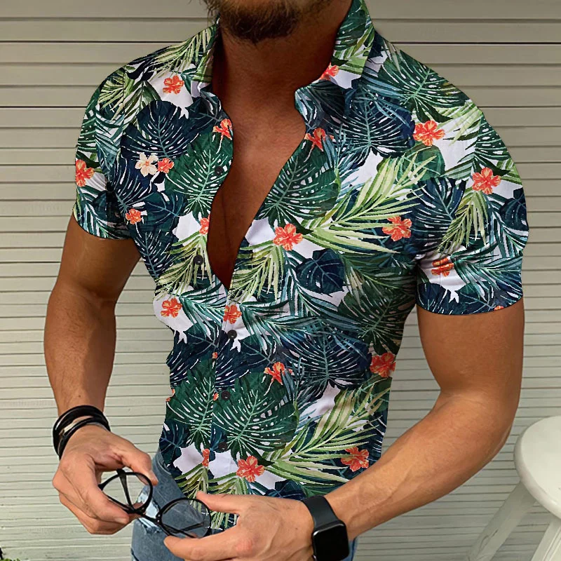 

Men Summer Polyester Short Sleeve Shirt Print Casual Hawaiian Beach Male Top Turn-down Collar T-shirts Men's Clothes Blouse