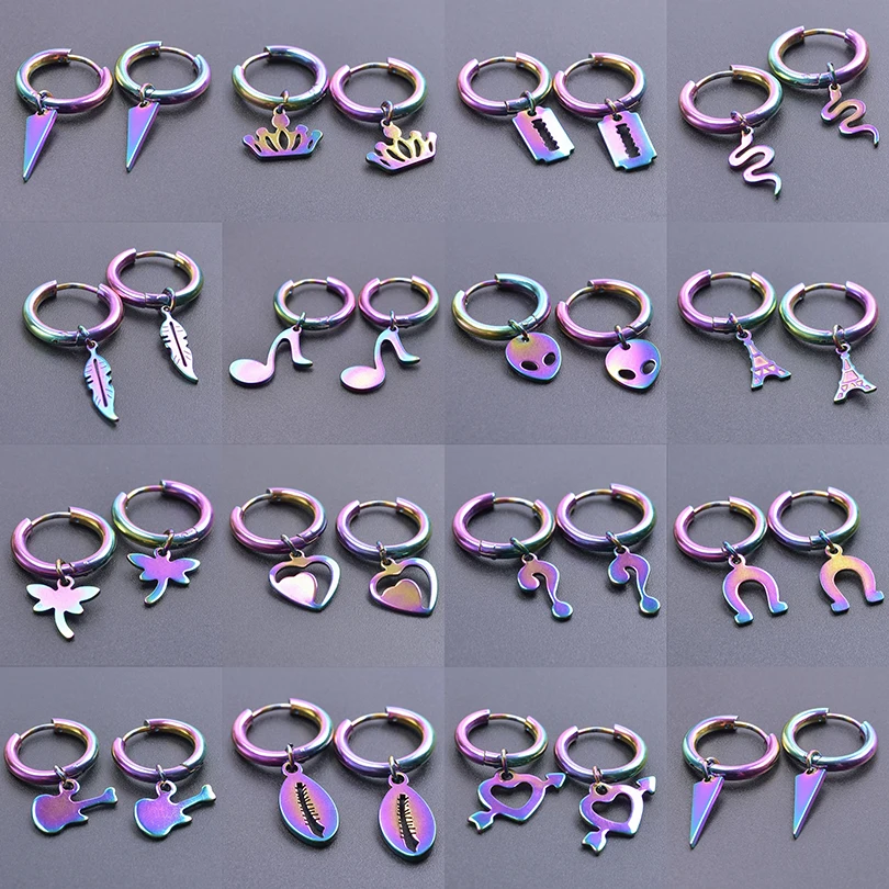 

1Pair Rainbow Color Punk Crown Horseshoe Notes Love Snake Tower Feather Dragonfly Earrings For Men Women Zinc Alloy Jewelry