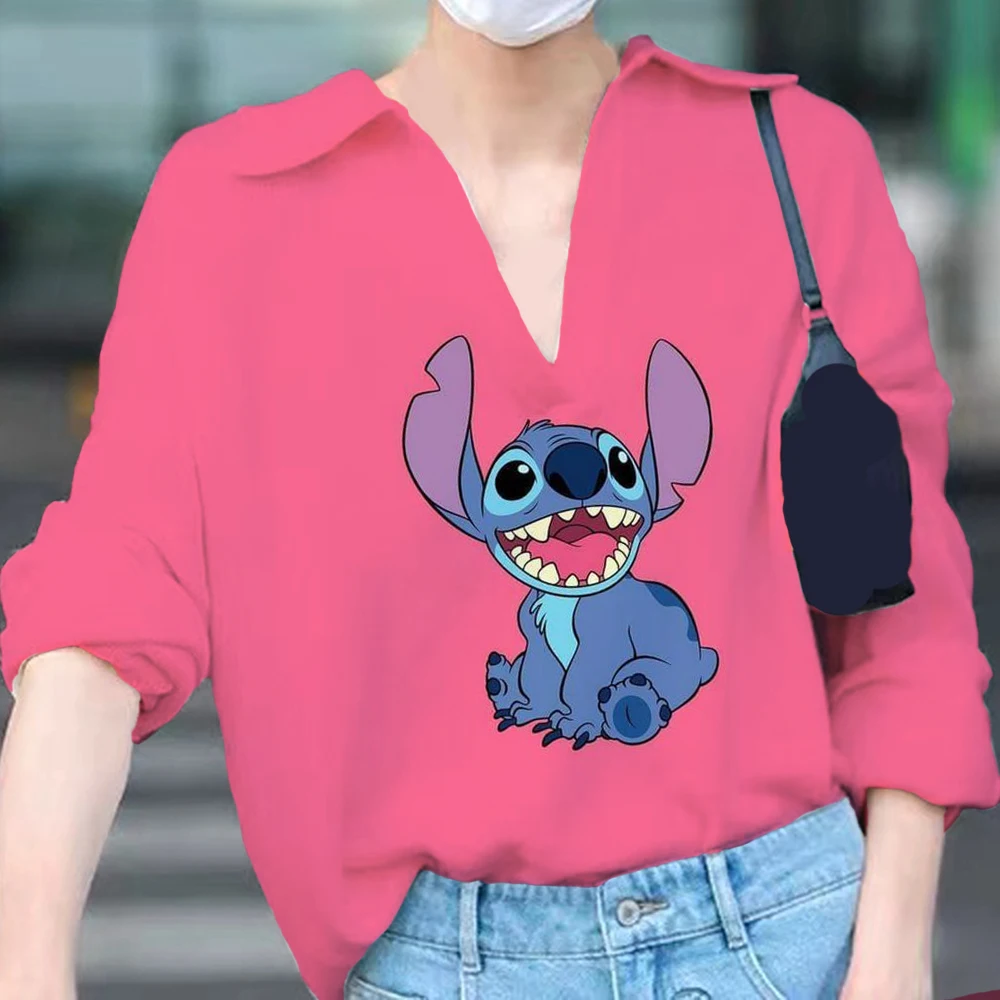 

Kpop Сексуальная футболка с изображением Диснея ститча, модные женские блузки с мультяшным рисунком, 2022 милые рубашки поло с длинным рукавом, ...