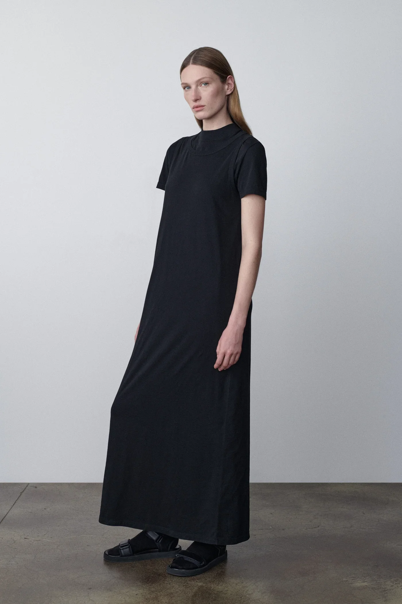 

TheR0w Summer/Spring Women Dress Cotton Stand Collar Short Sleeve Black Color Ankle-Length Loose Waist Holiday Casual Minimalism