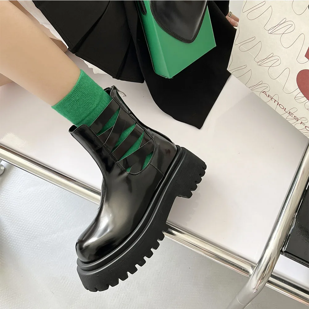 LapoLaka 2022 Fashion Black Thick Heel Ankle Boots Round Toe Hollow Out Back Zipper Premium Quality Women Boots