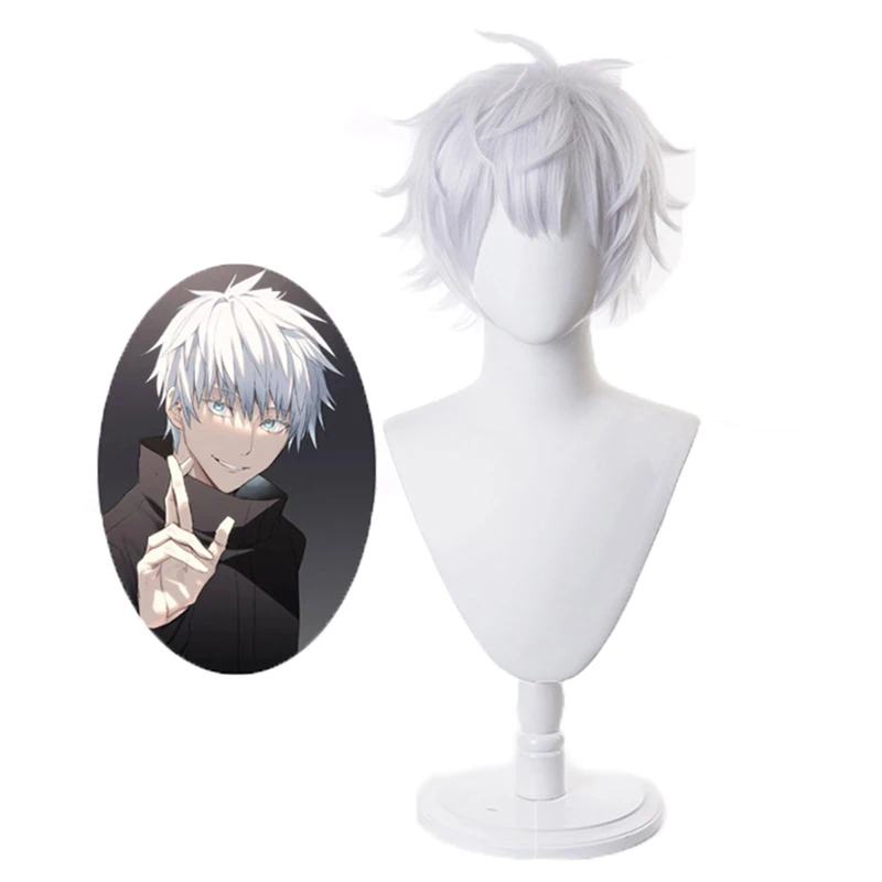 

30cm Anime Jujutsu Kaisen Gojo Satoru Cosplay Wig Short Silver White Layered Heat Resistant Synthetic Hair Party Wigs + Wig Cap