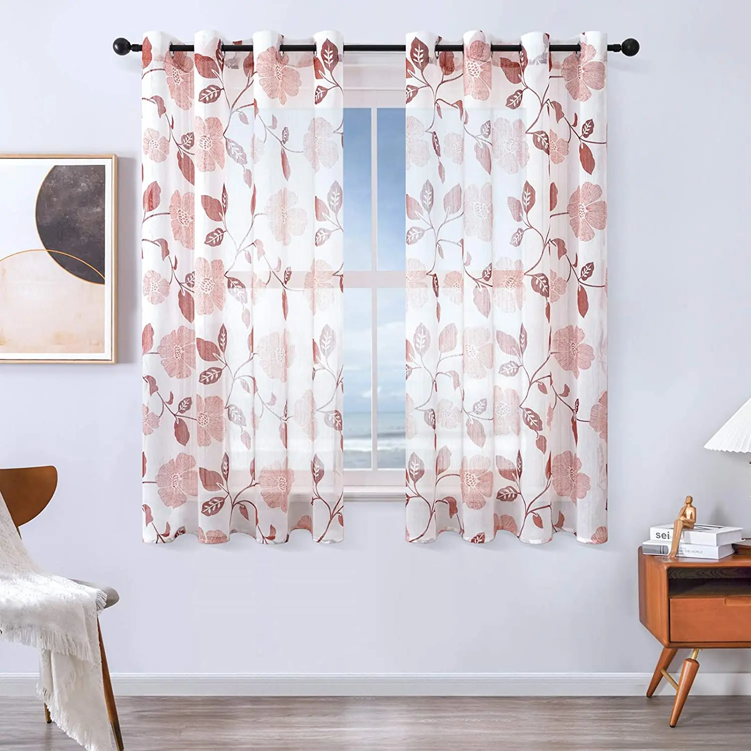 

BILEEHOME Floral Print Sheer Short Curtains Tulle Kitchen Half Window Living Room Bedroom Voile Curtains Panels Drapes Custom