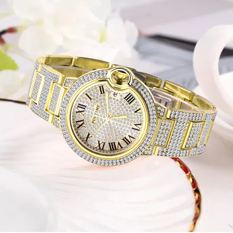 

PINTIME Women for Watch Diamond Iced Out Couples Quartz Wristwatch Waterproof 30m Stainless Steel Strap Calendar Luxury Relogios