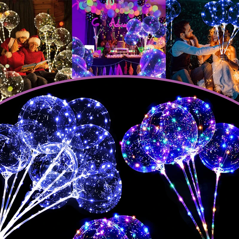 LED Light Up Bobo Balloons with Stick Colorful Luminous Clear Inflatable Balloons Kit for Christmas Wedding Birthday Party Decor