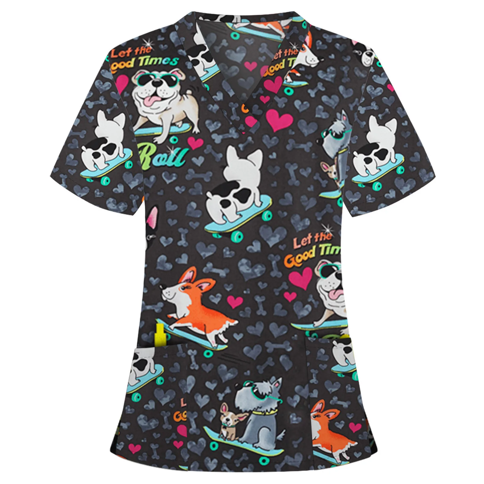 

Women Tops Short Sleeve V-Neck Drawstring Working Uniform Blouse Costume Shirts Female Cute Cartoon Animals Print Nursing Scrubs