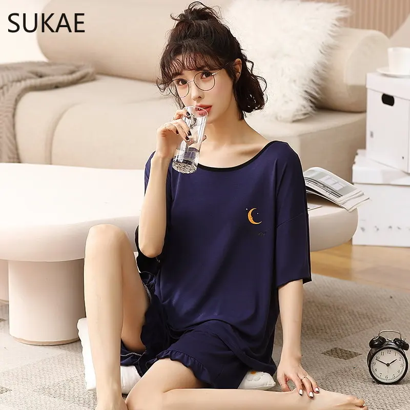 SUKAE Modal Nightwear Summer M-5XL Cartoon Sleepwear High Quality Women Pajama Fashion Shorts Woman Clothing Casual Pijamas Set