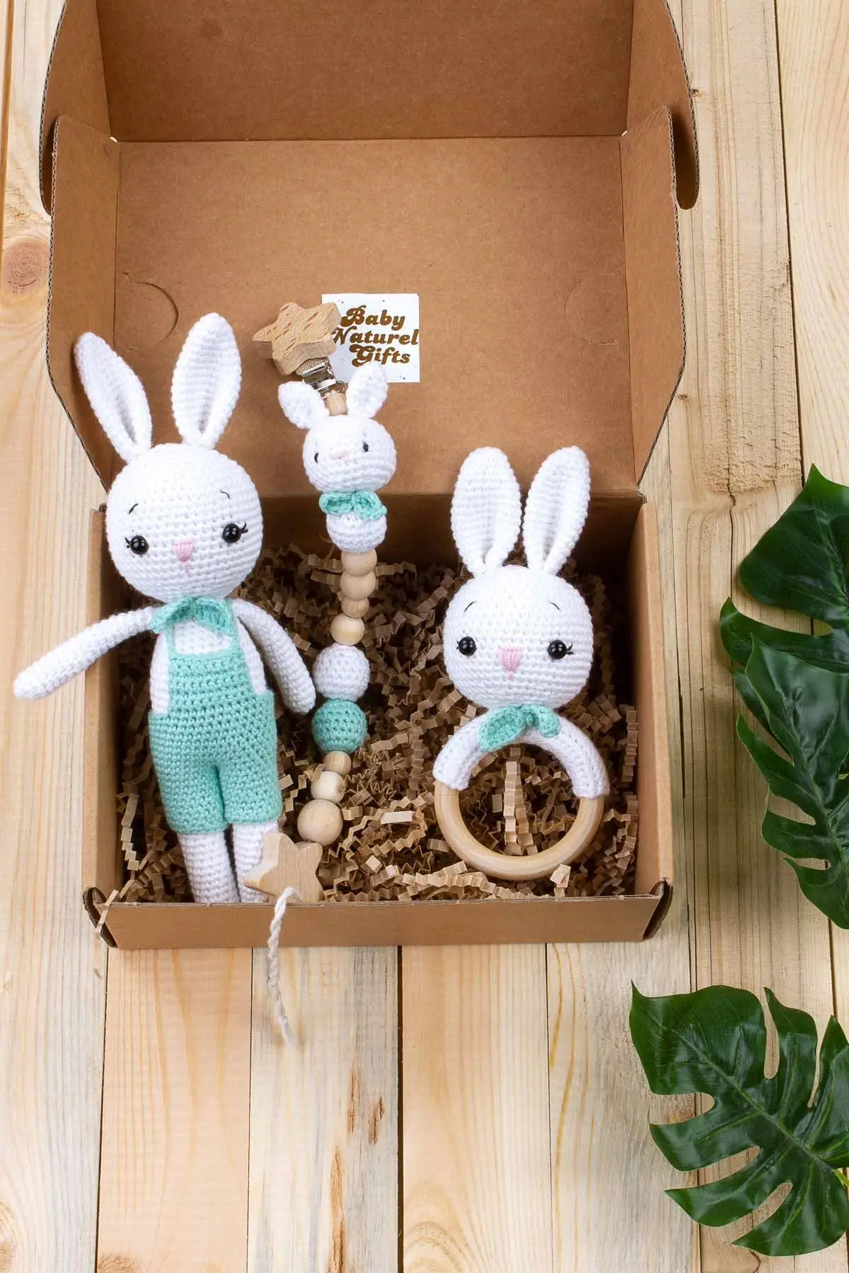 

Organic Handmade Custom Rabbit Male Amigurumi Rattle Pacifier Strap Toy 3 Set