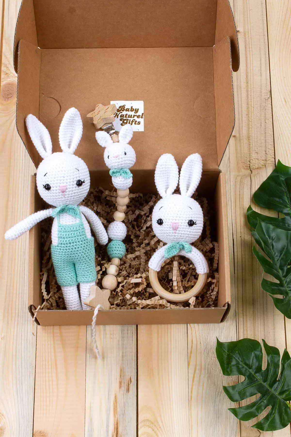 Organic Handmade Custom Rabbit Male Amigurumi Rattle Pacifier Strap Toy 3 Set
