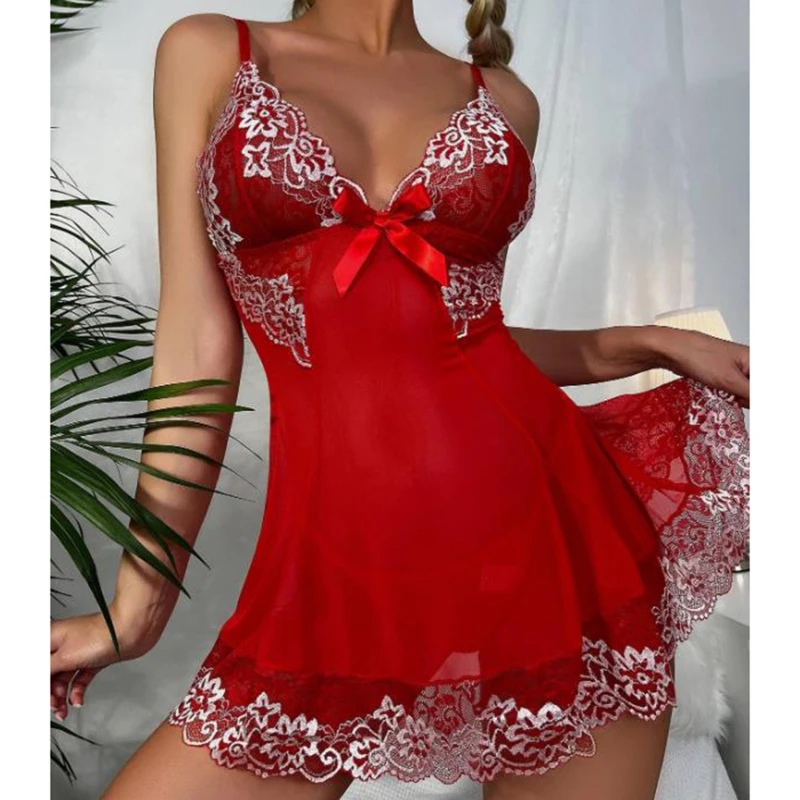 

Women Sleepwear Perspective Lace Mesh Spaghetti Strap Nightdress Comfortable Elegant Sexy Mature Lady Backless Dress Sleepwear