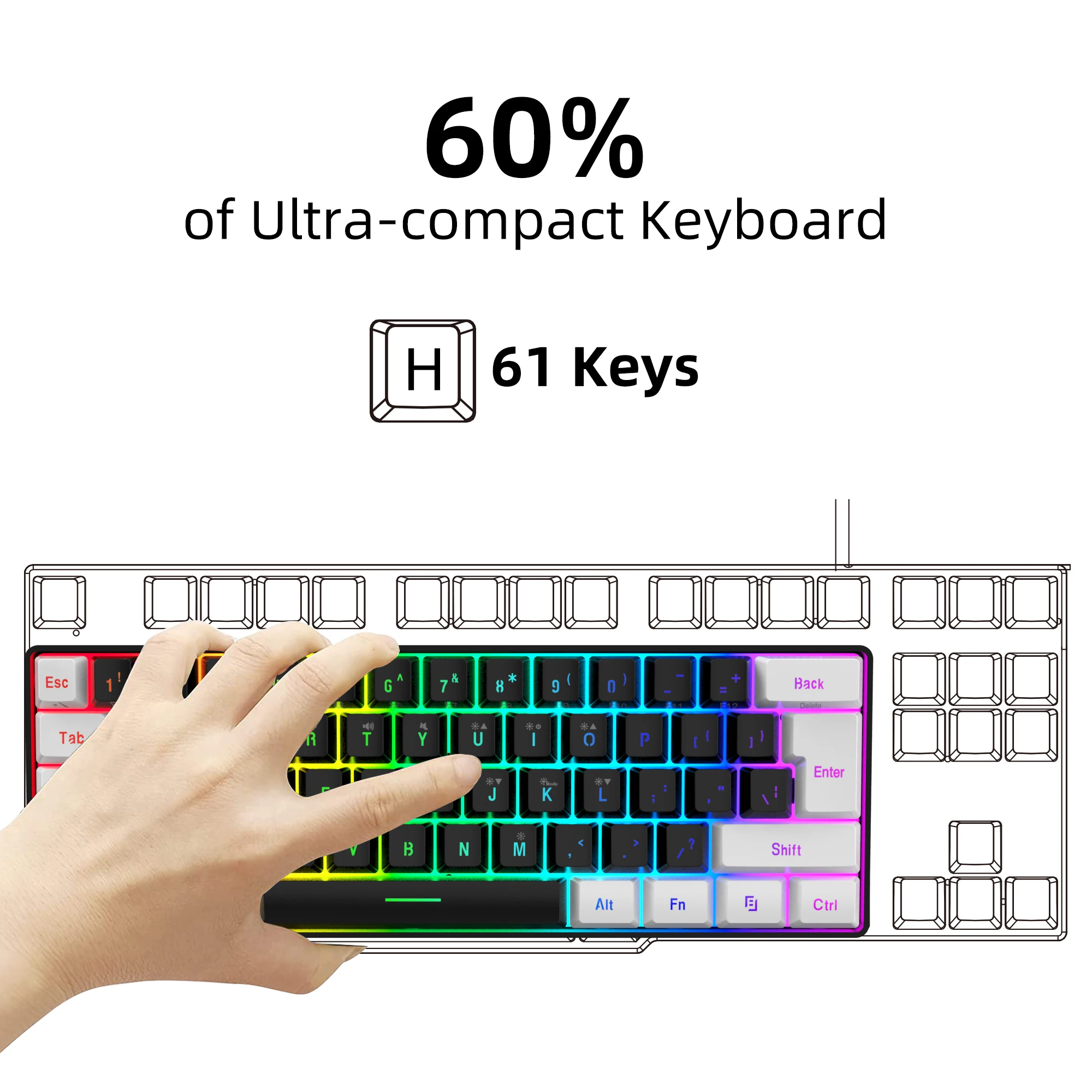 Клавиатура игровая Проводная с Rgb-подсветкой 61 клавиша 60% клавиши