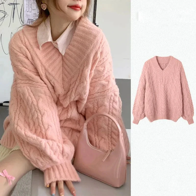 

Pink Thickened Sweater Women Korean Version Knit Coat Harajuku Sweet Campus Style Oversized Pullover Long Sleeve Jumper Femme
