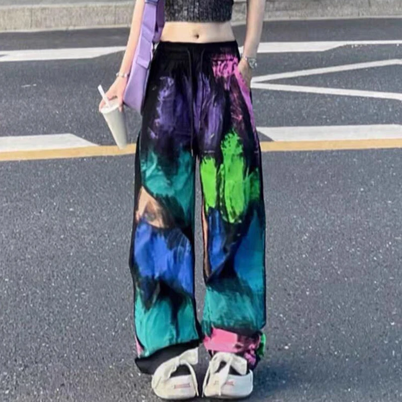 

New Fashion Rainbow Colors Pants For Women Y2k Star Girl Fashionable Irregular Painted Casual Mopping Pants Loose Wide Leg Pants