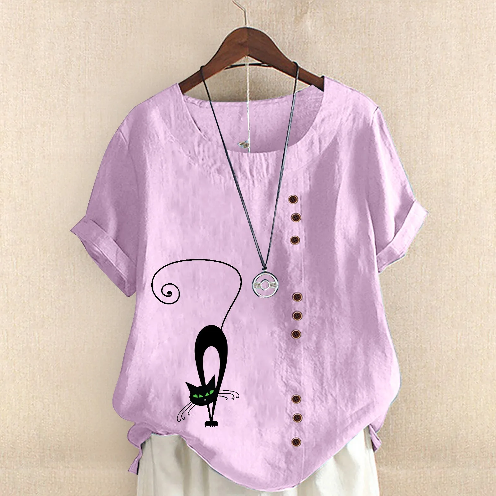 

Женское свободное платье-рубашка с коротким рукавом и круглым вырезом