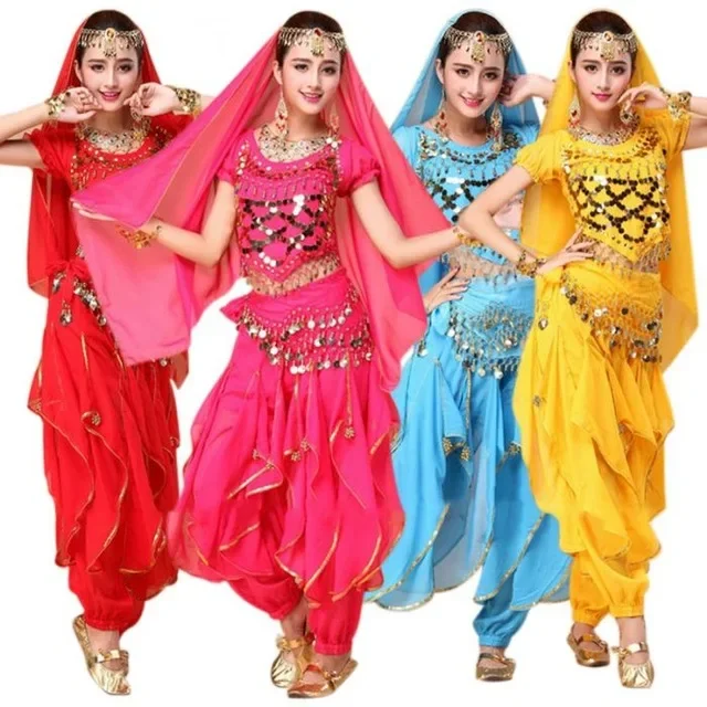 

Женский костюм для танца живота, комплект из 4 предметов, индийское Платье Для Болливуда, костюм для танца живота, 6 цветов