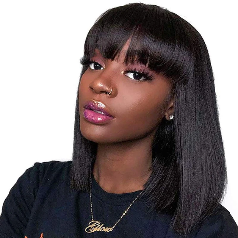 Short  Bangs Bob Wig Human Hair Wigs For black Women Straight Human Hair Wigs With 150%Density Brazilian Remy Natural Color Hair