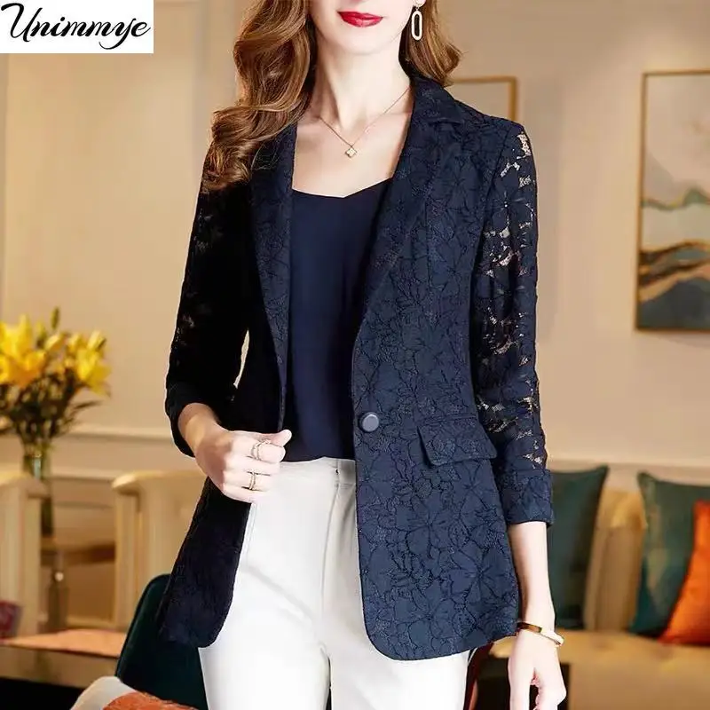 

Women Elegant Office Jackets Summer Long Sleeve Button Up Lace Patchwork Jackets Casual Coat Solid Color Lapel Collar Coats J223