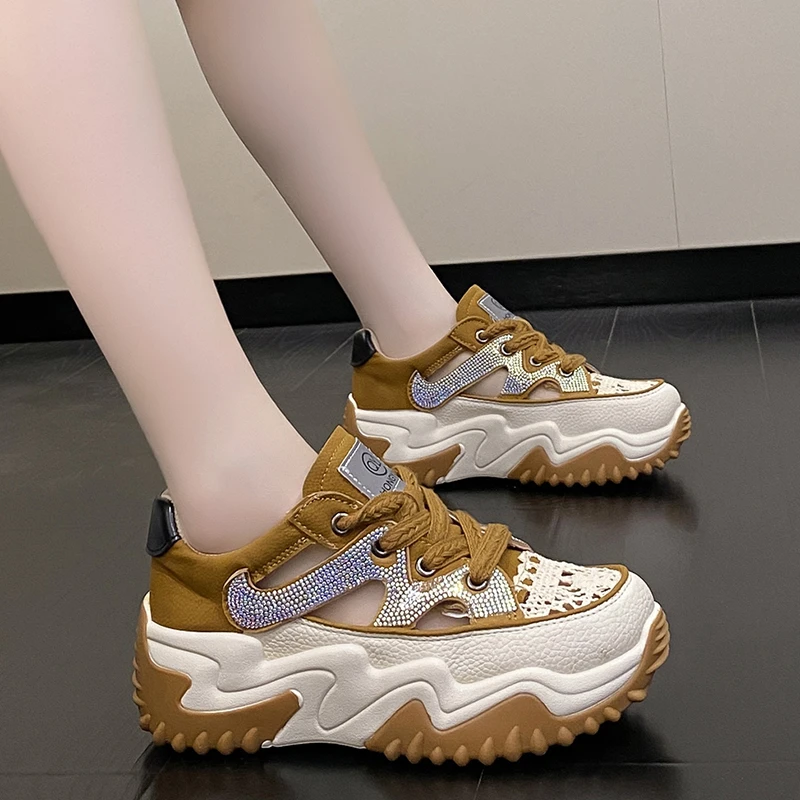 Women's Trend Hollow Sneakers Fashion Lace Up Platform Comfort Leather Casual Running Shoes Versatile Breathable Vulcanized Shoe