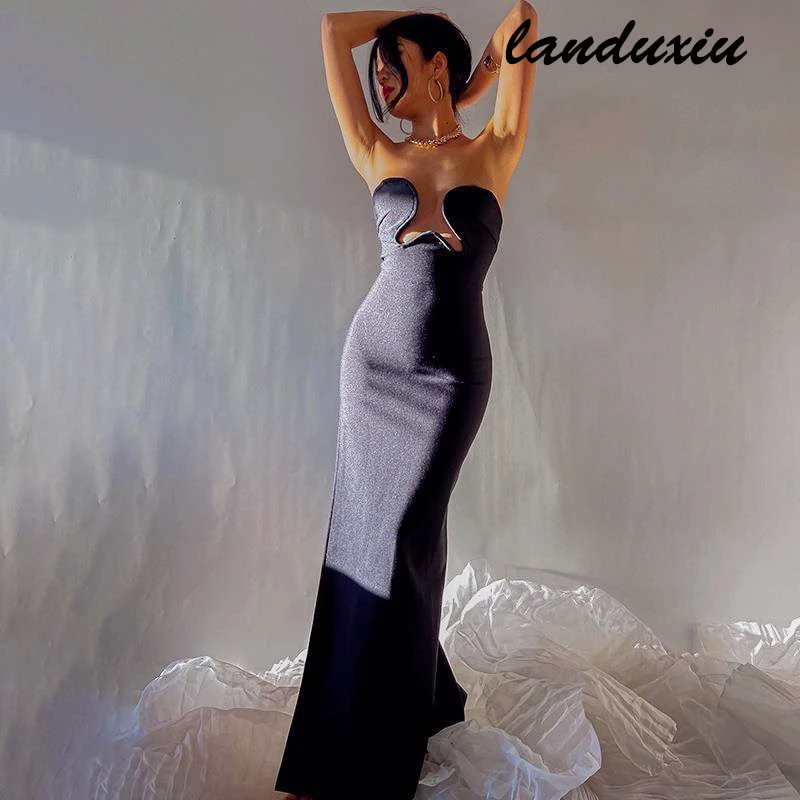 Landuxiu 2022 Summer Backless Split Black Maxi Long Bodycon Bandage Ladies Off-Shoulder Slim Side Open Chest Party Sexy Dress