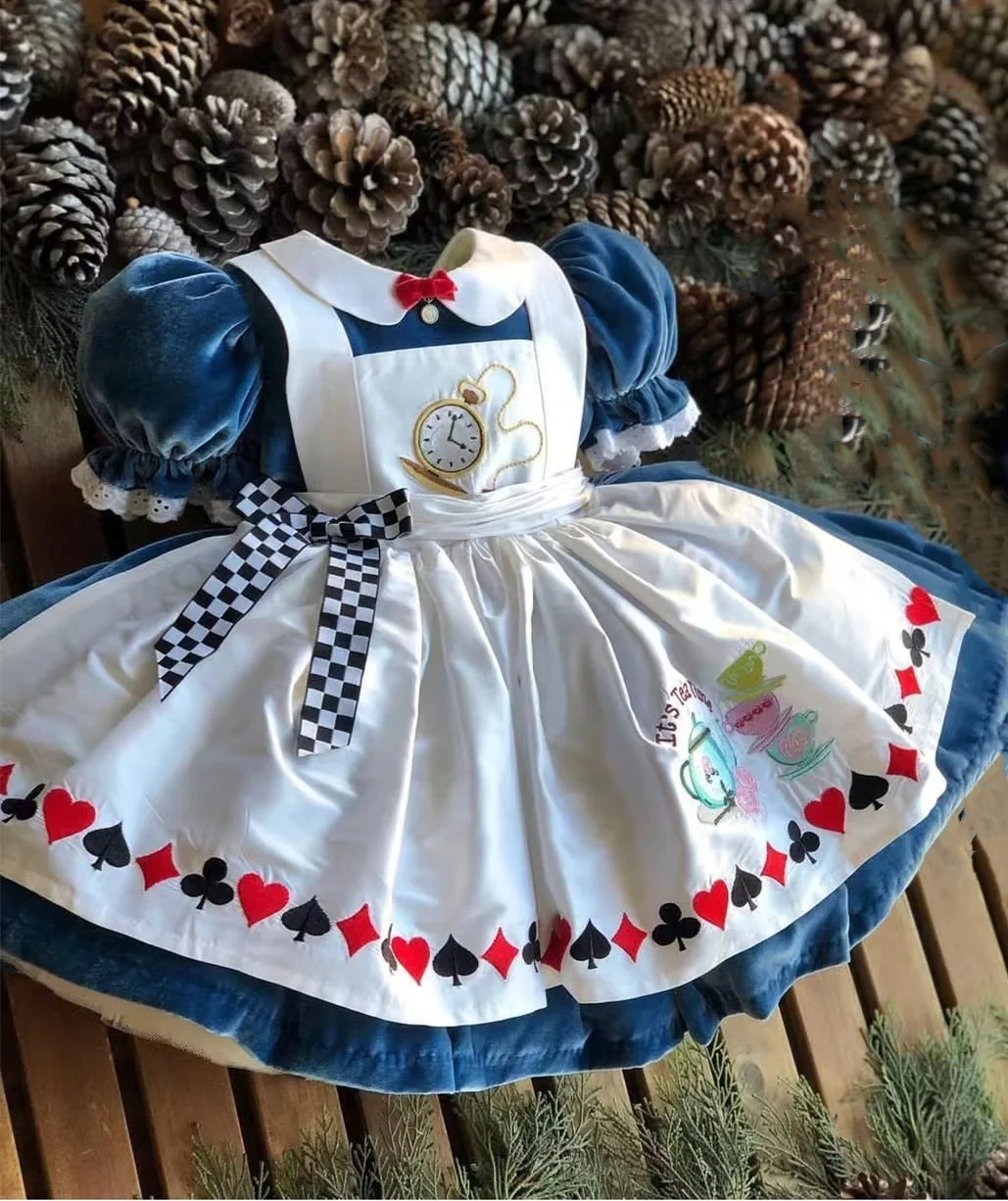 0-12Y Baby Girl Autumn Winter Blue Velvet Alice Embroidery Vintage Princess Ball Gown Dress for Christmas Eid Birthday Causal