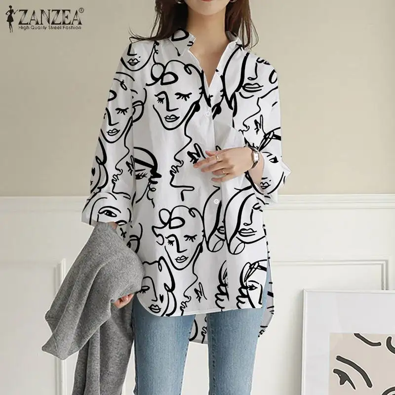 

Lady Irregular High Low Blouse ZANZEA Fashion Long Sleeve Shirt Women Printed Oversized OL Tops 2022 Spring Lapel Holiday Blusas