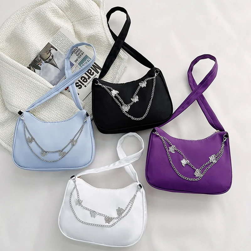 

Модная женская маленькая сумка через плечо из искусственной кожи и нейлона, Женская винтажная сумка с цепочкой-бабочкой, однотонный мини-кошелек на молнии, сумочка