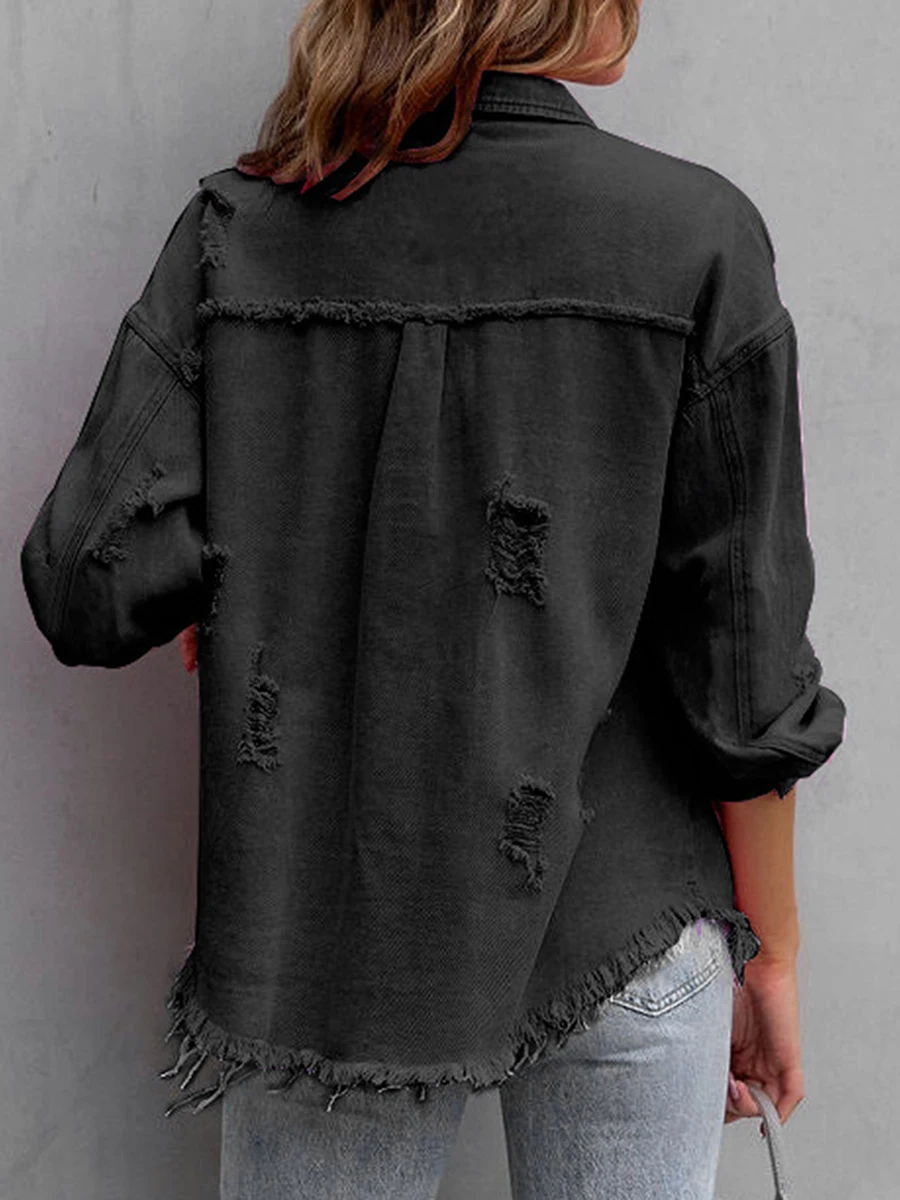 

Women s Vintage Oversized Denim Jacket with Distressed Rips and Button Closure - Long Sleeve Boyfriend Coat for a Trendy