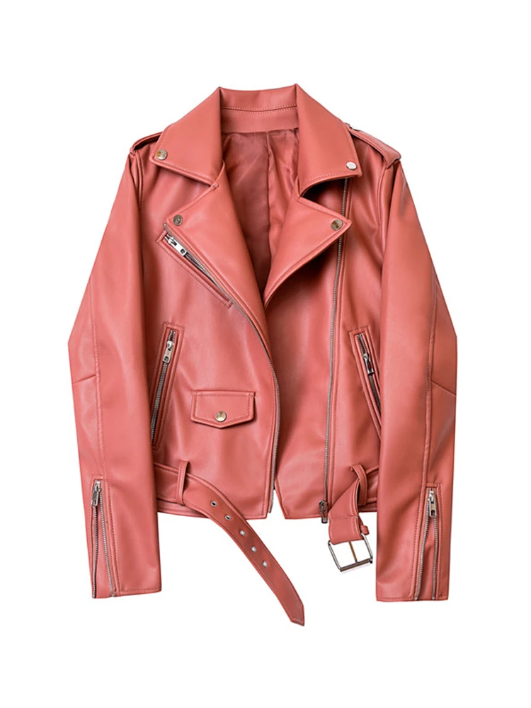 Women Spring Streetwear PU Faux Leather Short Jacket with Belt Moto Biker Basic Coat Turn-down Collar Zipper Jackets Leather